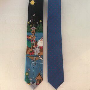 2 Ties -Holiday Traditions Hallmark Reindeer Fishing w/Santa & Chaps PolkaDot